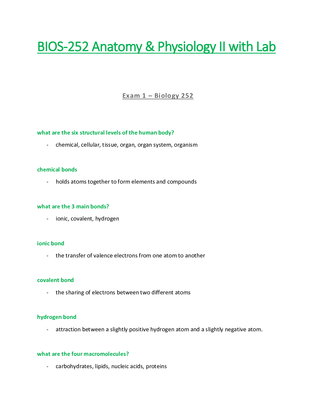 Preview of BIOS252 / BIOS 252 Exam 1  : Anatomy & Physiology II - Chamberlain